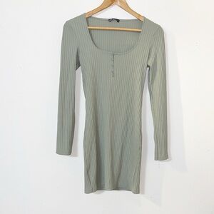 Zara light green ribbed faux button long sleeve scoop neck mini dress